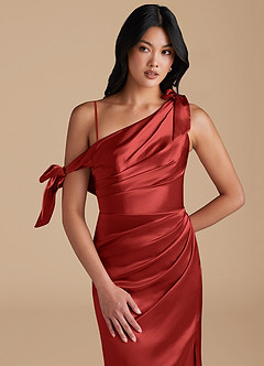 Azazie Xyla Bridesmaid Dresses Rust Sheath Off the Shoulder Metallic Satin Convertible Dress image2