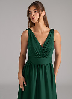 Azazie Kora Bridesmaid Dresses Dark Green A-Line Pleated Stretch Satin Dress image7