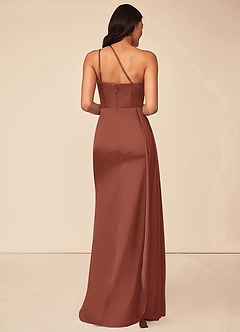 Azazie Maron Robes de demoiselle d'honneur Robe Trapèze en Satin extensible Epaule unique Auburn image2