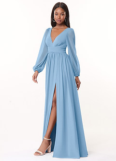 Azazie Norah Brautjungfernkleider A-Linie Lange Ärmel mit V-Ausschnitt Chiffon Kleid Puderblau image4