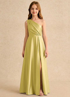 Azazie Puddles Girls Formal Robe Demoiselle D'honneur Fillette Robe Trapèze en Satin extensible Asymétrique Canari image6