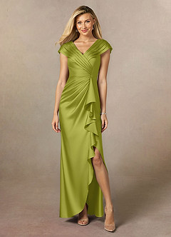 Azazie Anderson Mother of the Bride Dresses Lemongrass A-Line Pleated Stretch Satin Dress image1