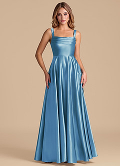 Azazie Shaude 신부 들러리 드레스 A라인 주름진 메탈릭 새틴 바닥 길이 드레스 image5