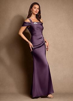 Azazie Altonia Mother of the Bride Dresses Plum Mermaid Off the Shoulder Stretch Satin Dress image2