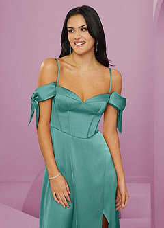Barbie ♥ Azazie Bridesmaid Dresses Aqua A-Line Off the Shoulder Stretch Satin Dress image12
