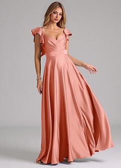Azazie Leilani Robes de demoiselle d'honneur Robe Trapèze en Satin extensible Rayé Corail image1