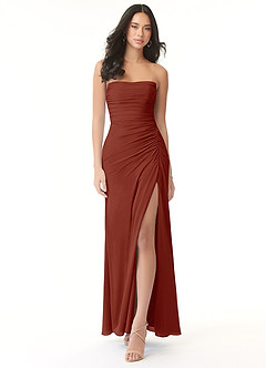 Azazie Darria Vestidos de damas de honor Vestido de Terracota de Chifón elástico de Corte Recto Convertible con Escote Cuadrado Plisado image1