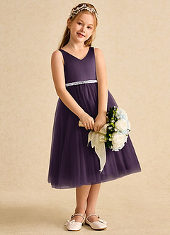 Azazie Firefly Abiti da Ragazza di Fiori Abito A-Line in Raso Opaco Fiocco Prugna image2