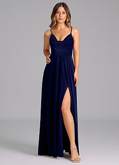 Azazie Sarella Robes de demoiselle d'honneur Robe Trapèze en velours Plissée Bleu Marine Foncé image6
