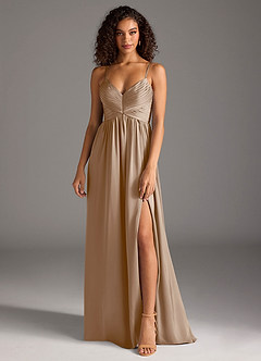 Azazie Alia Bridesmaid Dresses Taupe A-Line Pleated Stretch Satin Dress image1