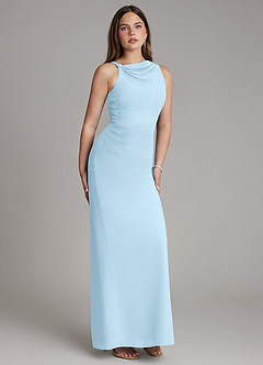 Azazie Charice At-home Try On Dresses Sky Blue Sheath Pleated Chiffon Dress image4