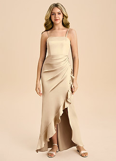 Azazie Buzzy Junior Champagne Sheath Pleated Stretch Satin Dress image3