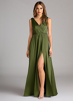 Azazie Tanicia Robes de demoiselle d'honneur Robe Trapèze en Satin extensible Plissée Olive image1