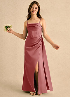 Azazie Lexy Girls Formal Robe Demoiselle D'honneur Fillette Robe Trapèze en Satin extensible Plissé Antique Rose image4