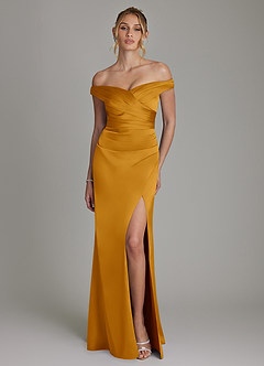 Azazie Teyana Jurken voor bruidsmeisjes Jurk van Stretch Satijn met Kolom Off the Shoulder Boterbabbelaar image4