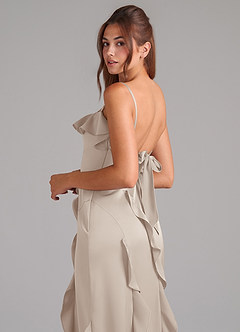Azazie Malia Robes de demoiselle d'honneur Robe Trapèze en Satin extensible Fente Latérale Givre image2