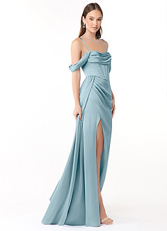 Azazie Amyra Bridesmaid Dresses Moody Blue Sheath Off the Shoulder Stretch Satin Convertible Dress image7