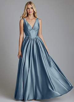 Azazie Delmie Bridesmaid Dresses Dusty Blue A-Line Corset Stretch Satin Dress image1