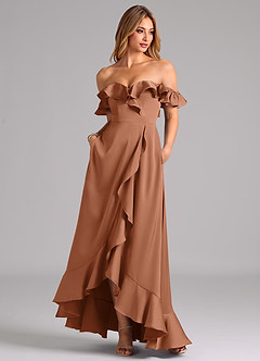Azazie Lyra Bridesmaid Dresses Bronzer A-Line Off the Shoulder Stretch Satin Convertible Dress image3