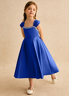 Azazie Yosemite vestidos de niña de las flores Vestido de Azul Real de Satin Mate de Corte Princesa con Escote de Corazón image6