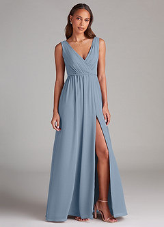Azazie Tanicia Robes de demoiselle d'honneur Robe Trapèze en Mousseline de soie Plissée Bleu Poussiéreux image4