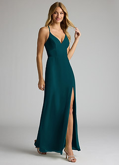 Azazie Becca Bridesmaid Dresses Pine Sheath V-Neck Chiffon Dress image2