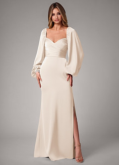 Azazie Sonata Bridesmaid Dresses White Alabaster Sheath Long Sleeve Stretch Satin Convertible Dress image3