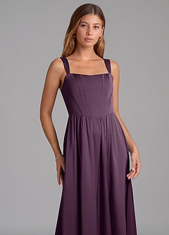 Azazie Rosaline Robes de demoiselle d'honneur Robe Trapèze en Satin extensible Fente Latérale Prune image6