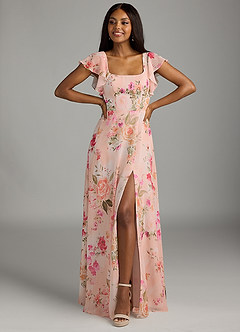 Azazie Bondi Bridesmaid Dresses Abstract Bouquet Floral A-Line Ruffled Chiffon Dress image2