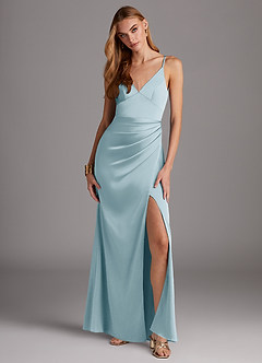 Azazie Shania Bridesmaid Dresses Sky Blue Sheath V-Neck Pleated Stretch Satin Dress image1