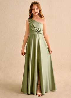 Azazie Puddles Girls Formal Flower Girl Dresses Moss Green A-Line One Shoulder Matte Satin Dress image4