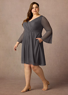 Azazie Teraso Mère de la mariée Robes Robe Trapèze en Maille Plissée Gris Acier image11