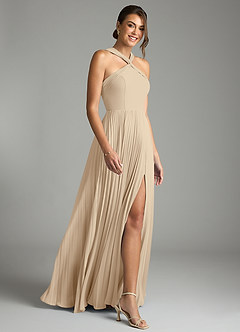 Azazie Afra Abiti da Damigella Abito A-Line in Chiffon Plissettato Champagne image3