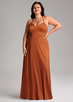 Azazie Mei Bridesmaid Dresses Cinnamon A-Line V-Neck Stretch Satin Dress image7