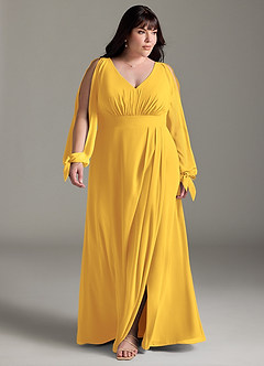 Azazie Matilda Bridesmaid Dresses Marigold A-Line Long Sleeve Chiffon Dress image14