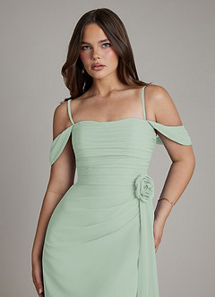 Azazie Ezria At-home Try On Dresses Agave A-Line Off the Shoulder Chiffon Dress image3