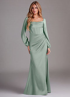 Azazie Charissa Bridesmaid Dresses Agave Sheath Long Sleeve Stretch Satin Dress image3
