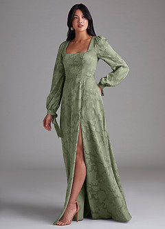 Azazie Leonia Bridesmaid Dresses Pistachio A-Line Long Sleeve Floral Burnout Dress image2