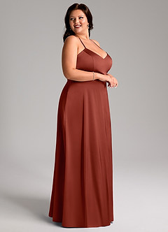 Azazie Mei Bridesmaid Dresses Terracotta A-Line V-Neck Stretch Satin Dress image9