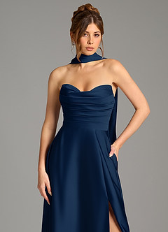 Azazie Ayla Vestidos de damas de honor Vestido Azul Marino Oscuro de Satén Elástico de Línea A con Corsé image2