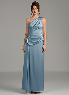 Azazie Zahira Bridesmaid Dresses Dusty Blue Sheath One Shoulder Stretch Satin Dress image3
