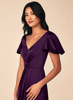 Azazie Soren Bridesmaid Dresses Grape A-Line Pleated Stretch Satin Dress image7