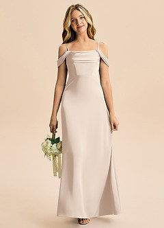 Azazie Lettie Junior A-Linie Schulterfrei Stretch-Satin Kleid Alabaster Weiß image2