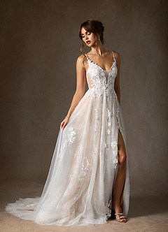 Azazie Monda Vestidos de novia Vestido de Blanco Diamante Champán de Tul de Corte en A con Encaje image11