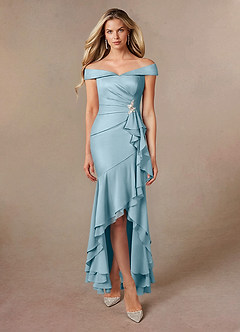 Azazie Billings Mother of the Bride Dresses Moody Blue Mermaid Off the Shoulder Stretch Satin Dress image5