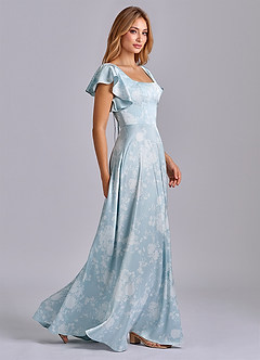 Azazie Bondi Brautjungfernkleider A-Linie Schleifen Stretch-Satin Kleid Puderblaues Blumenmuster image7