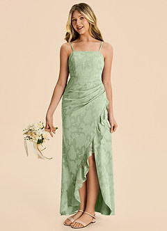 Azazie Buzzy Junior Dusty Sage Sheath Pleated Chiffon Dress image4