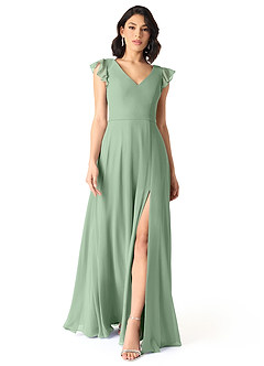 Azazie Claudine Final Sale Matcha A-Line Flutter Sleeve Chiffon Dress image2