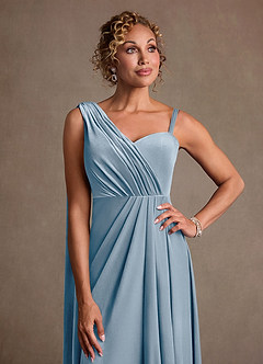 Azazie Aphra Mother of the Bride Dresses Dusty Blue Sheath One Shoulder Velvet Dress image4