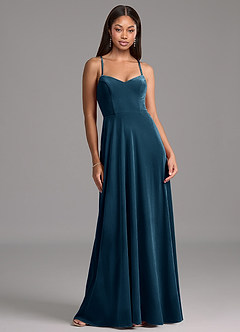 Azazie Mei Bridesmaid Dresses Blue Topaz A-Line Corset Velvet Dress image6